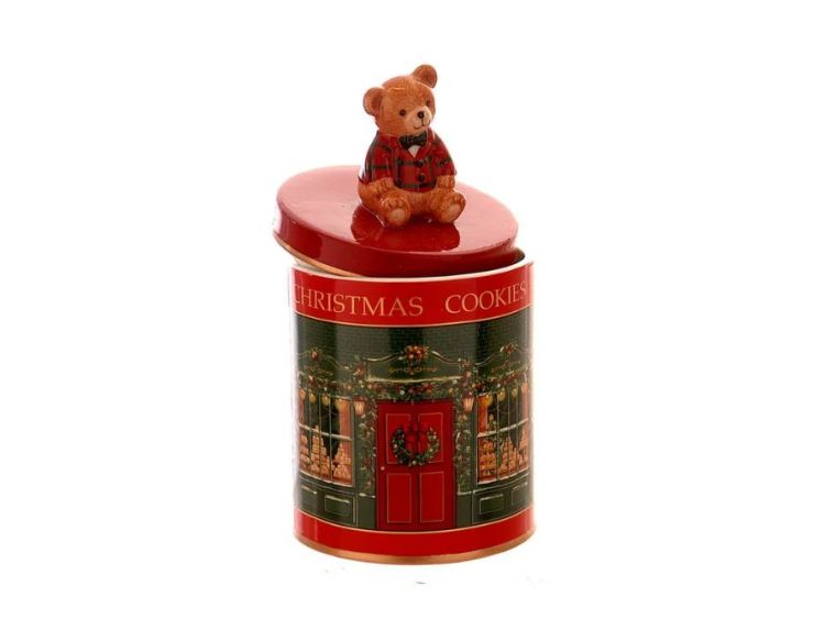 Boîte céramique cylindrique rouge vert motif boutique Christmas Cookies couvercle rouge ours tartan assis H19cm