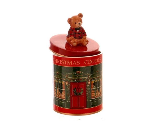 Boîte céramique cylindrique rouge vert motif boutique Christmas Cookies couvercle rouge ours tartan assis H19cm