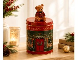 Boîte céramique cylindrique rouge vert motif boutique Christmas Cookies couvercle rouge ours tartan assis H19cm
