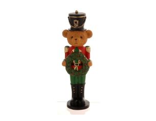 Figurine Noël résine ours teddy bear en uniforme soldat rouge vert noir doré tenant couronne houx verte baies rouges H31cm