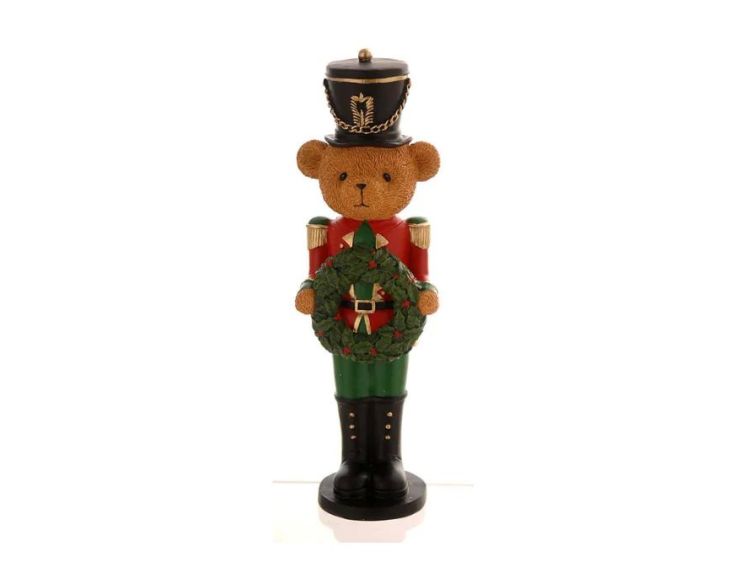 Figurine Noël résine ours teddy bear en uniforme soldat rouge vert noir doré tenant couronne houx verte baies rouges H31cm