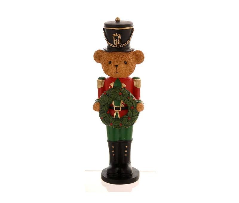Figurine Noël résine ours teddy bear en uniforme soldat rouge vert noir doré tenant couronne houx verte baies rouges H31cm
