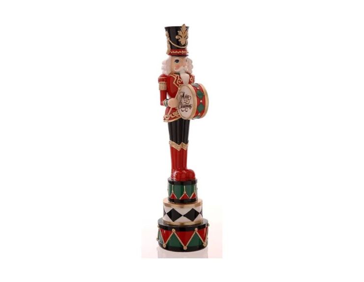 Figurine casse-noisette résine brillante soldat rouge noir vert or tambour Merry Christmas socle tambours empilés H45,5cm
