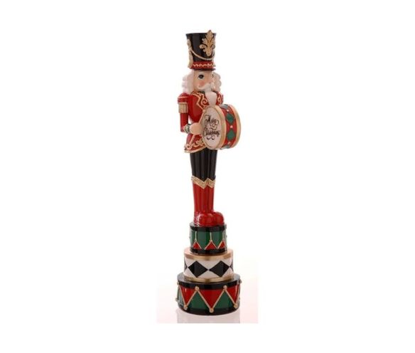 Figurine casse-noisette résine brillante soldat rouge noir vert or tambour Merry Christmas socle tambours empilés H45,5cm