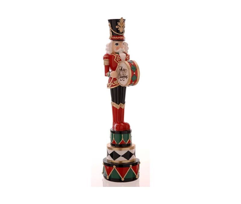 Figurine casse-noisette résine brillante soldat rouge noir vert or tambour Merry Christmas socle tambours empilés H45,5cm