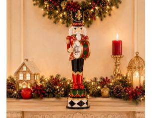 Figurine casse-noisette résine brillante soldat rouge noir vert or tambour Merry Christmas socle tambours empilés H46cm