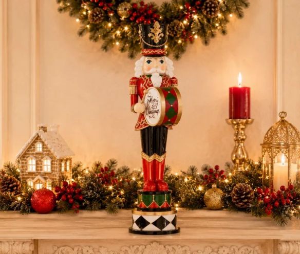 Figurine casse-noisette résine brillante soldat rouge noir vert or tambour Merry Christmas socle tambours empilés H46cm