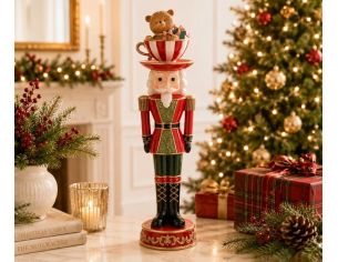 Figurine Noël casse-noisette résine rouge vert doré soldat tasse rayée rouge blanc ours beige cadeau sur la tête H45cm