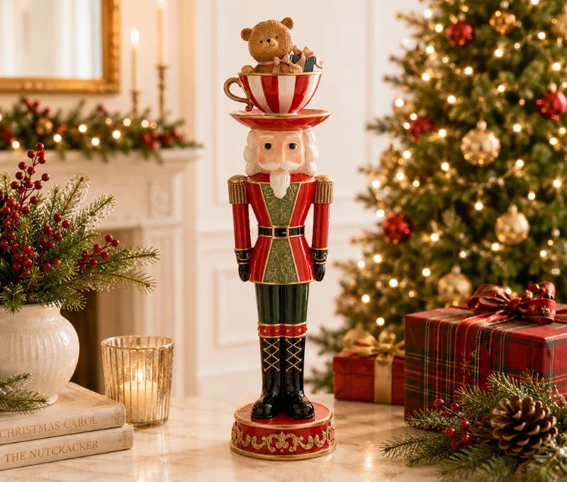 Figurine Noël casse-noisette résine rouge vert doré soldat tasse rayée rouge blanc ours beige cadeau sur la tête H45cm