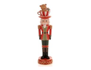 Figurine Noël casse-noisette résine rouge vert doré soldat tasse rayée rouge blanc ours beige cadeau sur la tête H45cm