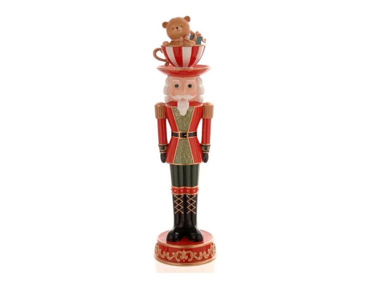 Figurine Noël casse-noisette résine rouge vert doré soldat tasse rayée rouge blanc ours beige cadeau sur la tête H45cm