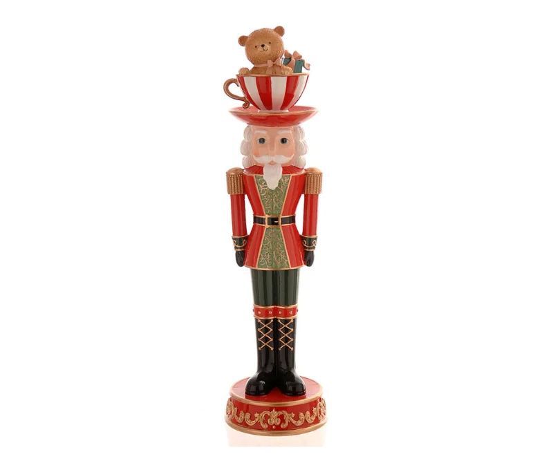 Figurine Noël casse-noisette résine rouge vert doré soldat tasse rayée rouge blanc ours beige cadeau sur la tête H45cm