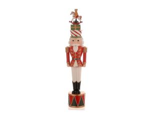 Figurine Noël résine casse-noisette soldat rouge blanc or chapeau rayé cadeaux empilés cheval bascule ours socle tambour H50cm