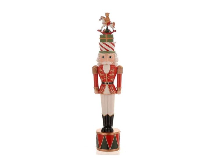 Figurine Noël résine casse-noisette soldat rouge blanc or chapeau rayé cadeaux empilés cheval bascule ours socle tambour H50cm
