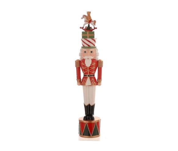 Figurine Noël résine casse-noisette soldat rouge blanc or chapeau rayé cadeaux empilés cheval bascule ours socle tambour H50cm