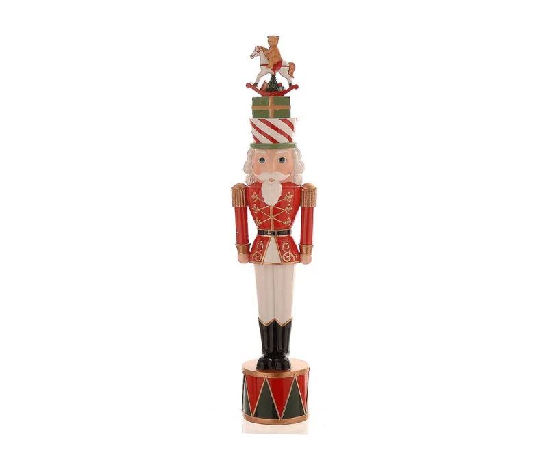 Figurine Noël résine casse-noisette soldat rouge blanc or chapeau rayé cadeaux empilés cheval bascule ours socle tambour H50cm