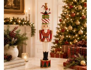 Figurine Noël résine casse-noisette soldat rouge blanc or chapeau rayé cadeaux empilés cheval bascule ours socle tambour H50cm