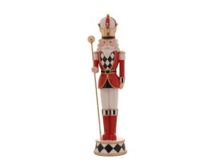 Soldat casse-noisette en résine 37cm rouge blanc et or avec sceptre, décoration de Noël