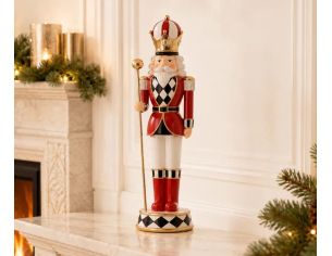 Soldat casse-noisette en résine 37cm rouge blanc et or avec sceptre, décoration de Noël