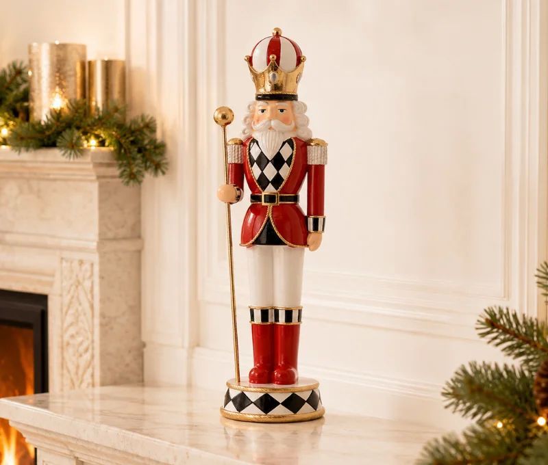 Soldat casse-noisette en résine 37cm rouge blanc et or avec sceptre, décoration de Noël