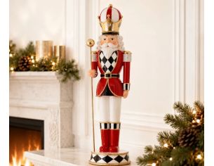 Soldat casse-noisette en résine 49cm rouge blanc et or avec sceptre, décoration de Noël