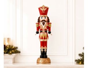 Casse-noisette tambour-major en résine H35cm rouge et or, shakot à houx, tambour triangles dorés, bottes noires, socle doré