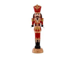 Casse-noisette tambour-major en résine H35cm rouge et or, shakot à houx, tambour triangles dorés, bottes noires, socle doré