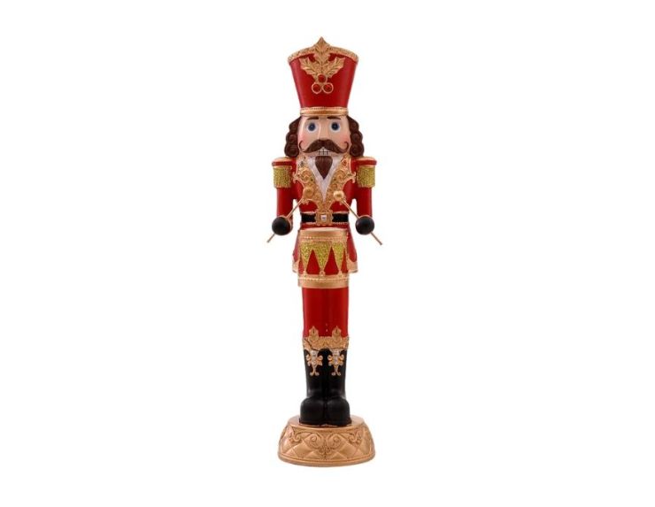Casse-noisette tambour-major en résine H35cm rouge et or, shakot à houx, tambour triangles dorés, bottes noires, socle doré