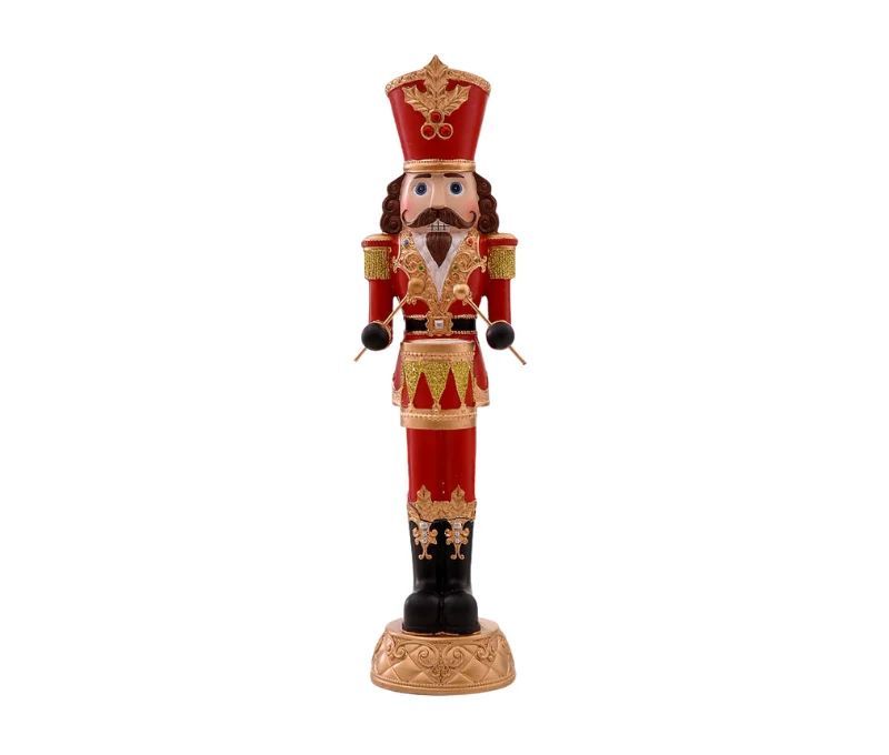 Casse-noisette tambour-major en résine H35cm rouge et or, shakot à houx, tambour triangles dorés, bottes noires, socle doré