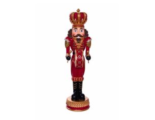 Casse-noisette roi de Noël en résine H35cm rouge et or, couronne dorée avec pierres, tambour losanges, bottes noires, socle doré