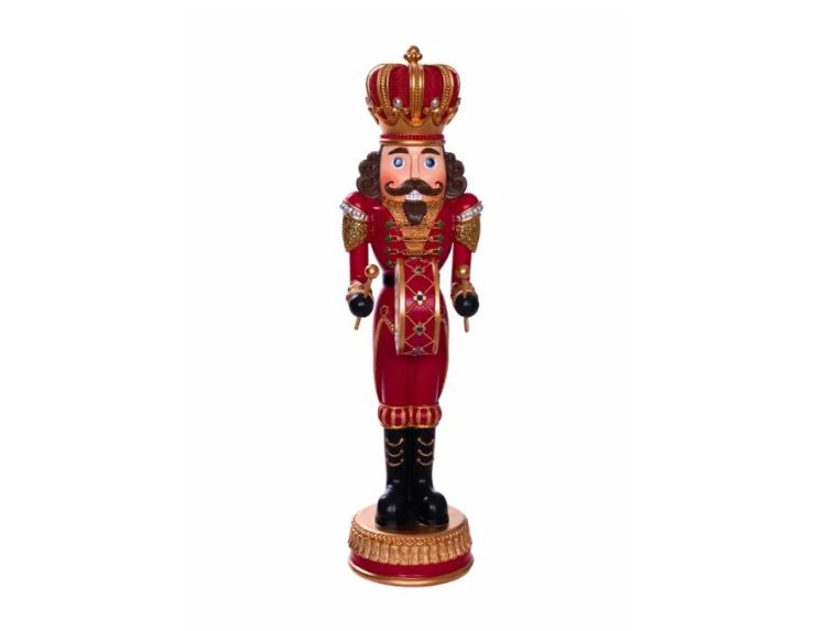 Casse-noisette roi de Noël en résine H35cm rouge et or, couronne dorée avec pierres, tambour losanges, bottes noires, socle doré