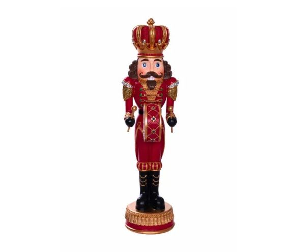 Casse-noisette roi de Noël en résine H35cm rouge et or, couronne dorée avec pierres, tambour losanges, bottes noires, socle doré