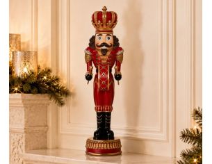 Casse-noisette roi de Noël en résine H35cm rouge et or, couronne dorée avec pierres, tambour losanges, bottes noires, socle doré