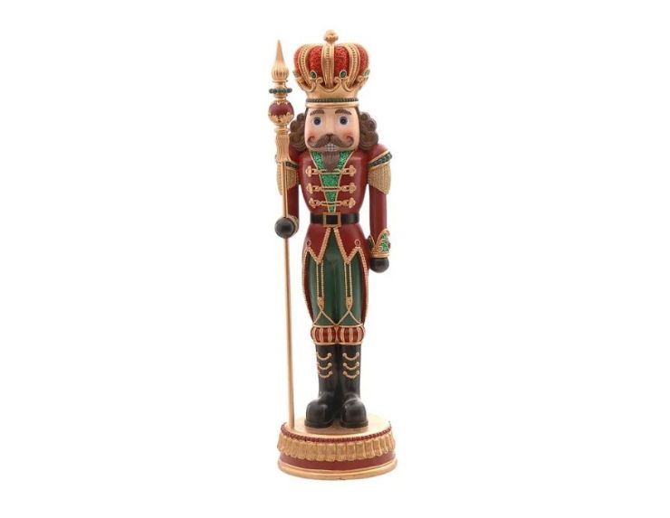 Casse-noisette roi de Noël en résine H50cm rouge et vert, couronne dorée, sceptre doré, bottes noires, socle doré