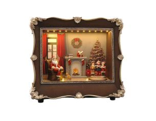 Boîte à musique cadre de Noël en résine H23cm, scène LED Père Noël au coin du feu, enfants autour du sapin, cadre brun et argent