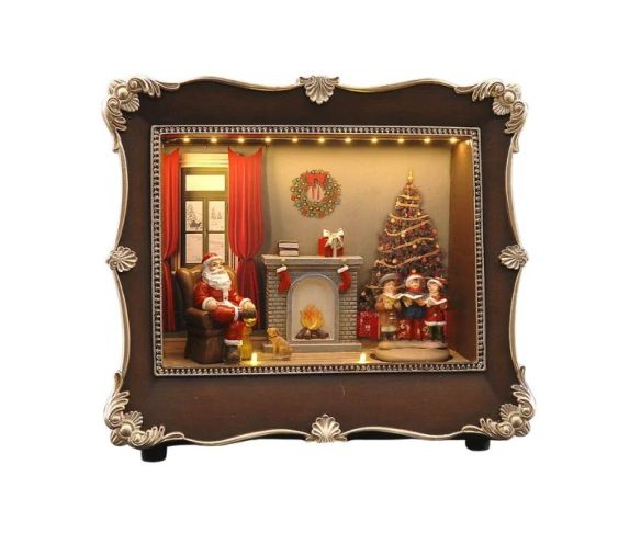 Boîte à musique cadre de Noël en résine H23cm, scène LED Père Noël au coin du feu, enfants autour du sapin, cadre brun et argent