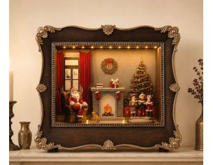Boîte à musique cadre de Noël en résine H23cm, scène LED Père Noël au coin du feu, enfants autour du sapin, cadre brun et argent