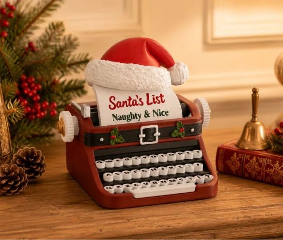Figurine Noël résine machine à écrire bordeaux bonnet Père Noël rouge blanc feuille Santa's List Naughty & Nice houx H13cm