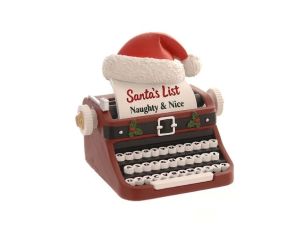 Figurine Noël résine machine à écrire bordeaux bonnet Père Noël rouge blanc feuille Santa's List Naughty & Nice houx H13cm