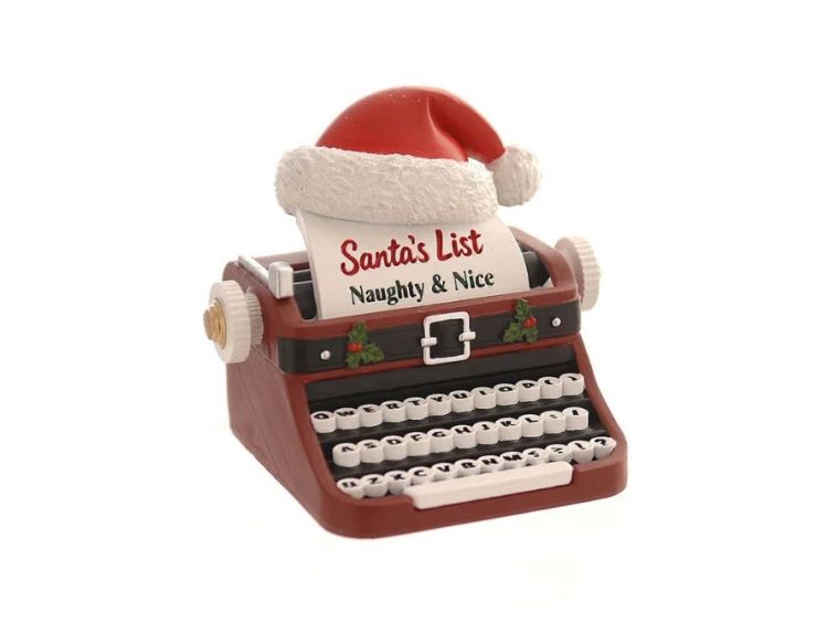 Figurine Noël résine machine à écrire bordeaux bonnet Père Noël rouge blanc feuille Santa's List Naughty & Nice houx H13cm