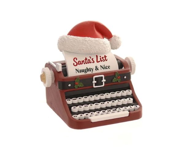 Figurine Noël résine machine à écrire bordeaux bonnet Père Noël rouge blanc feuille Santa's List Naughty & Nice houx H13cm