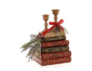 Décoration Noël résine pile livres anciens rouge vert doré Merry Christmas deux bougeoirs dorés nœud rouge baies 31cm