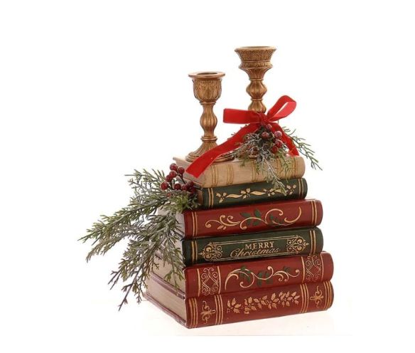 Décoration Noël résine pile livres anciens rouge vert doré Merry Christmas deux bougeoirs dorés nœud rouge baies 31cm