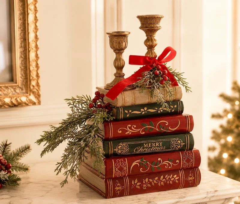 Décoration Noël résine pile livres anciens rouge vert doré Merry Christmas deux bougeoirs dorés nœud rouge baies 31cm
