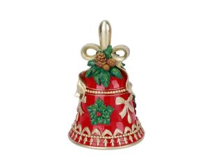 Cloche de Noël résine rouge brillante poignée dorée nœud doré pommes de pin feuilles vertes houx baies rouges motifs dorés H20cm