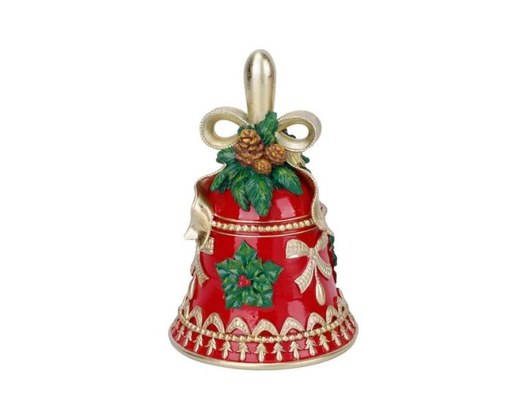 Cloche de Noël résine rouge brillante poignée dorée nœud doré pommes de pin feuilles vertes houx baies rouges motifs dorés H20cm