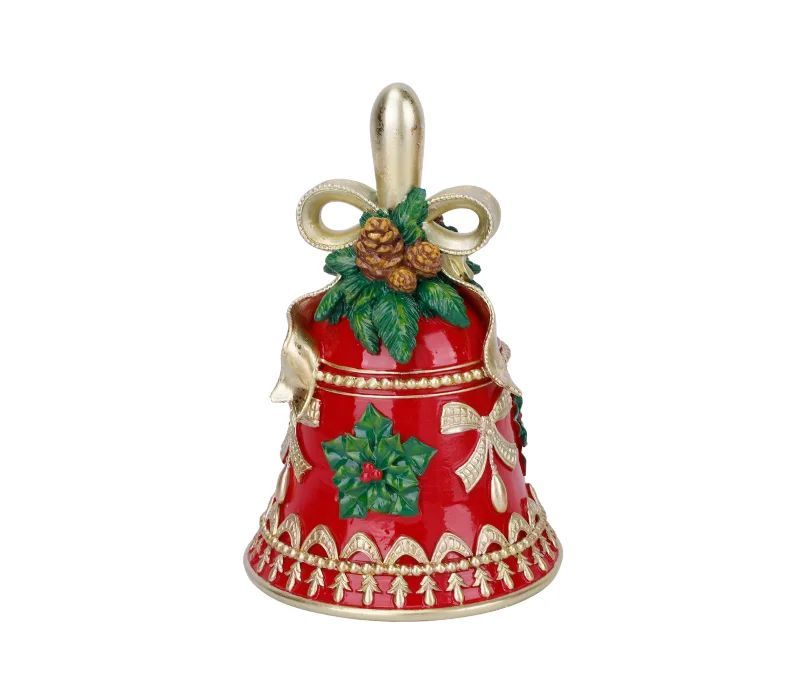 Cloche de Noël résine rouge brillante poignée dorée nœud doré pommes de pin feuilles vertes houx baies rouges motifs dorés H20cm