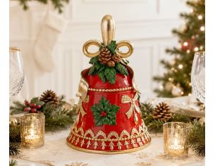 Cloche de Noël résine rouge brillante poignée dorée nœud doré pommes de pin feuilles vertes houx baies rouges motifs dorés H20cm