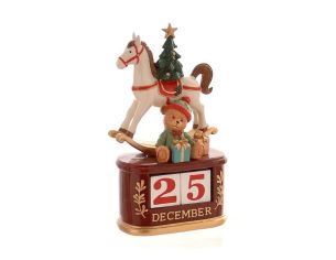 Décoration Noël résine calendrier perpétuel bordeaux doré cheval bascule blanc sapin ours avec cadeaux 25 December H24cm