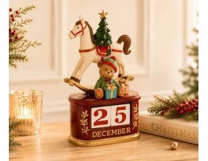 Décoration Noël résine calendrier perpétuel bordeaux doré cheval bascule blanc sapin ours avec cadeaux 25 December H24cm
